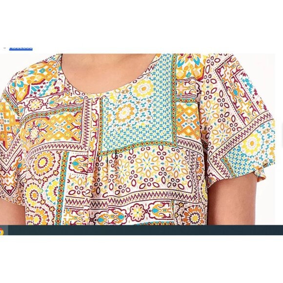 Denim & Co. Printed Blouse with Open Flutter Sleeve Top Melon Orange 2XS A602666 - Picture 2 of 2